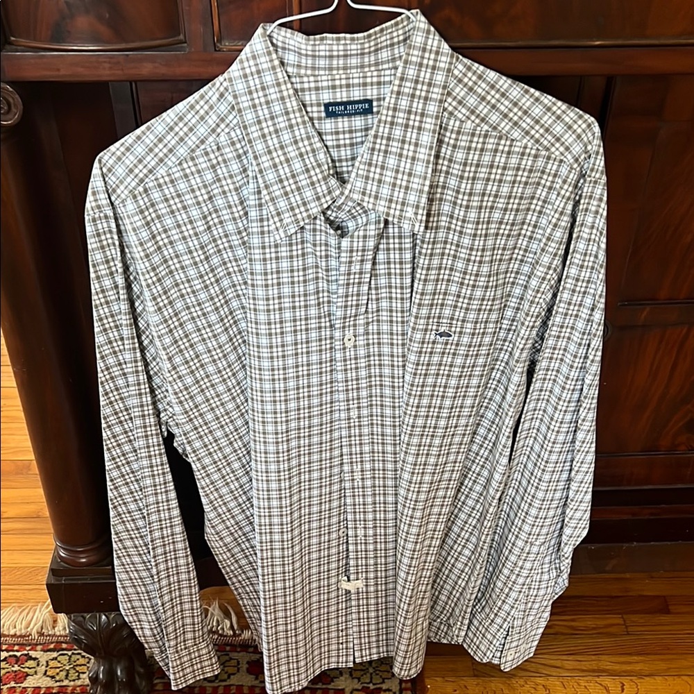 White and Green Casual Button Down Shirt with Checkered Pattern